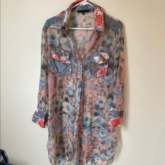 Floral Sheer Button-Up Blouse - Picture 1 of 5